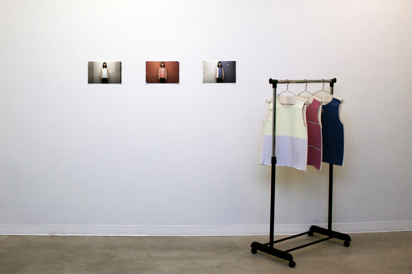 Left to right: Digital prints on somerset paper. 12.5 x 8.5 inches. 2015, Acrylic on canvas shirts. 16 x 23 inches. 2015.